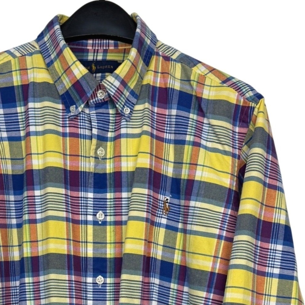Polo Ralph Lauren Button Down Mens XL Cotton Yellow Blue Plaid Long Sleeve